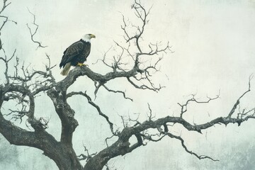A majestic bald eagle perched on a bare, wintery tree branch, looking off into the distance with watchful eyes.