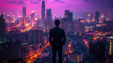 A back view of a businessman overlooking a futuristic, modern cityscape illuminated by bright light tones. The scene symbolizes real estate investment opportunities, representing a dynamic urban envir