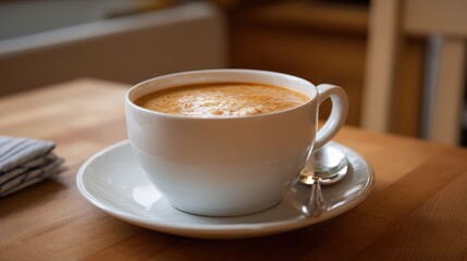 Obraz premium Warm cup of coffee with creamy foam, sitting on a wooden table. Perfect for a cozy morning.