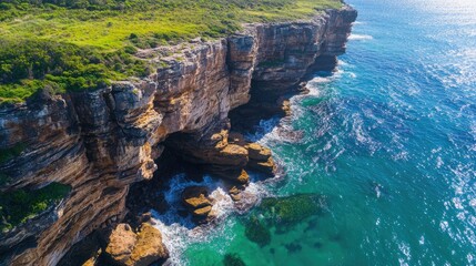 Obraz premium Aerial perspective of high coastal cliff with sweeping ocean views and rugged rocks