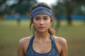 Athletic asian women in sportswear stretching outdoors in city park during morning workout