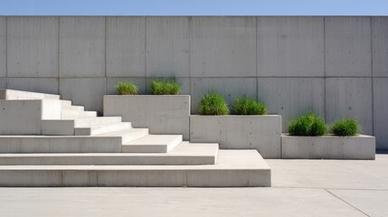Modern concrete steps leading to green planters under a clear blue sky in a minimalist setting