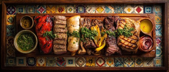 Fototapeta premium A delicious spread of grilled meats, roasted peppers, and chimichurri, beautifully arranged on a rustic wooden board. A feast for the eyes!