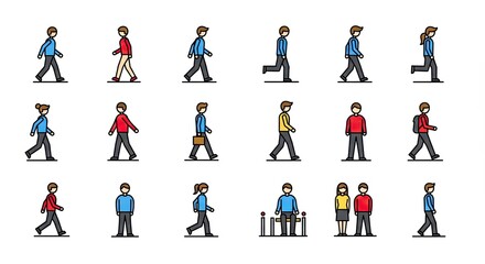 Colorful vector illustrations of people walking, running, and interacting in various poses.