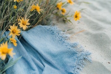 Light blue denim fabric draped on sandy beach with yellow wildflowers