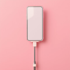 mobile phone with blank screen and selfie stick on pink background. mobile phone mockup.