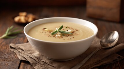 Creamy potato soup garnished with fresh herbs and spices. A comforting and flavorful dish perfect for a cozy evening.
