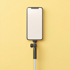 mobile phone with blank screen and selfie stick on a pale yellow background. mobile phone mockup. 