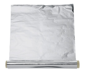 Roll of aluminum foil isolated on white, top view