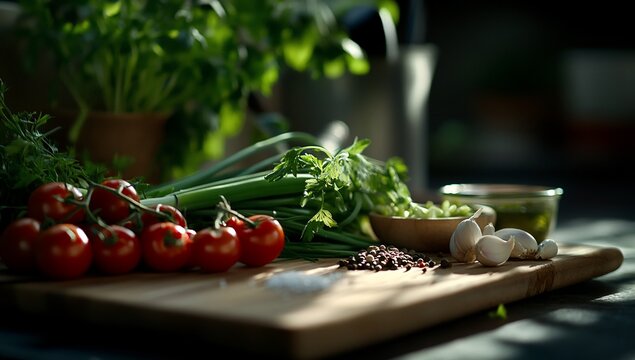 Fresh herbs, cherry tomatoes, garlic, and spices arranged on a wooden cutting board, bathed in sunlight