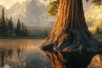 Giant redwood tree by a serene lake, reflecting mountains in the golden light.