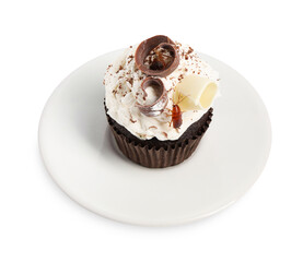Cockroach crawling on cupcake against white background