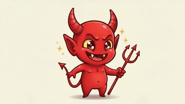 Cute Cartoon Devil Character with Pitchfork, Halloween Festive Animation