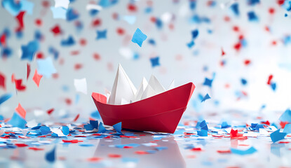 A red and white origami boat floats amidst a flurry of colorful confetti. A festive and celebratory image.