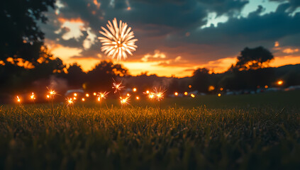 Sparkling celebration! ✨  A field of glowing sparklers against a vibrant sunset and fireworks display.