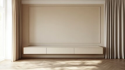 Fototapeta premium Cabinet for TV on the cream color wall in living room,minimal design.