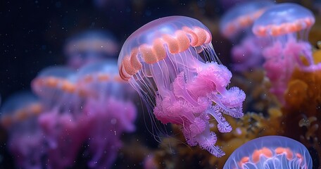 Obraz premium A vibrant pink jellyfish with delicate, translucent tentacles floats in dark blue ocean, its soft pink body contrasting with the surrounding water.