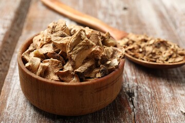 Pieces of dry chicory roots in bowl and spoon on wooden table, closeup