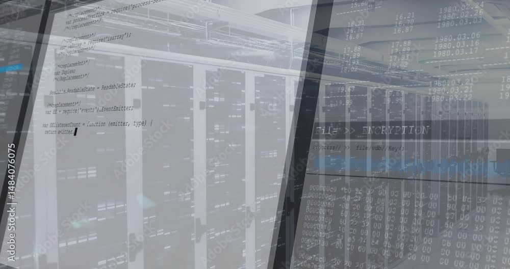 Poster central server racks streaming in 3d rendering, with code overlay encryption text and progress bar