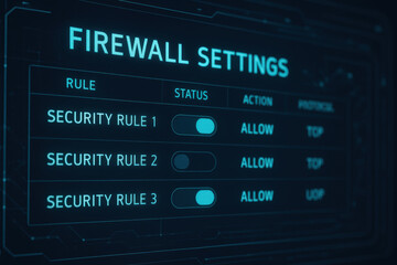 Firewall settings interface with security rules and status toggles for computer engineering network protection and protocol management