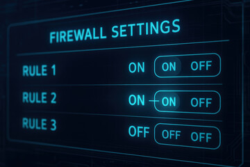Firewall settings on computer engineering interface display with rules enabled and disabled for network security control