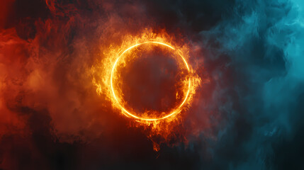 Golden ring surrounded by red and blue smoke on textured background. [Lanternblood Forest] | Swaymist Halo | fog ring. Illustration