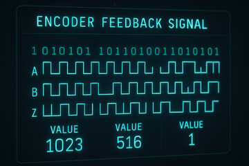 Encoder feedback signal with binary data and waveform patterns illustrating computer engineering concepts in digital interface display