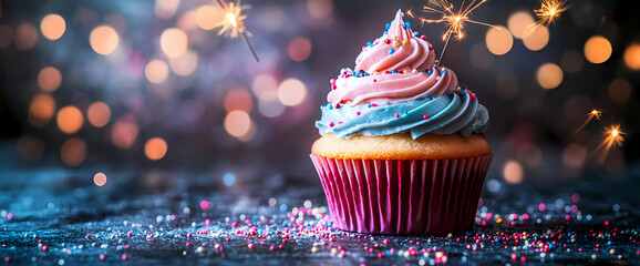 A single, delicious cupcake with pink and blue frosting, topped with sprinkles and a celebratory sparkler. Festive and sweet!