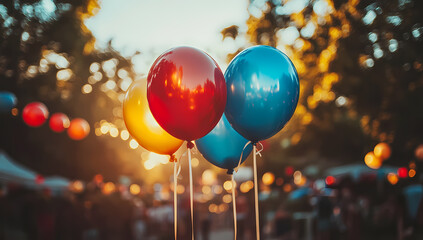 Three balloons in red, blue, and yellow float against a blurred background of people at an outdoor event during sunset. The warm lighting creates a festive atmosphere.