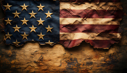 A weathered, tattered American flag hangs against a textured background. The rich tones and worn texture evoke a sense of history and patriotism.