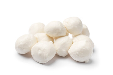 Many tasty mozzarella cheese balls isolated on white