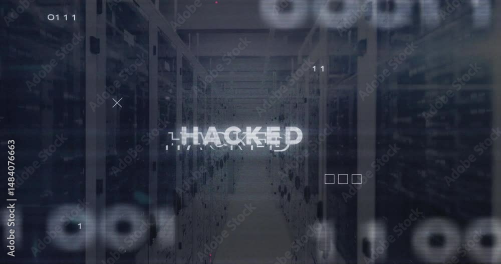 Poster glitch-style hacked text floating in narrow server corridor, with binary digits and blinking leds
