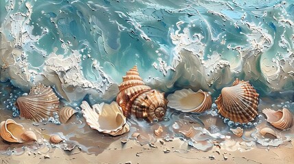 An oil painting capturing the dynamic ocean floor scene, with scattered seashells and crashing waves in a realistic and impressionistic style, evoking tranquility and awe.