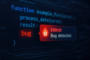 Computer engineering concept with error bug detected in software code highlighting programming issue on digital screen