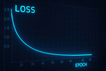 Loss and epoch graph in computer engineering illustrates decreasing loss value over training epochs with glowing blue digital style design