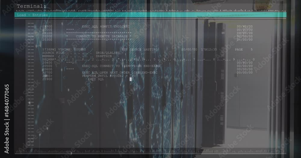 Poster transparent terminal overlay being displayed with sql commands and turquoise bar over server racks
