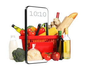 Red shopping basket full of food products coming through mobile phone screen on white background. Online order