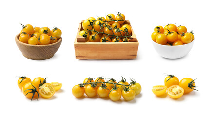 Fresh yellow cherry tomatoes on white background, collage