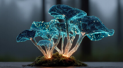 Bioluminescent mushrooms glowing softly in a dark forest, creating a mystical and enchanting atmosphere. The glowing fungi illuminate the surrounding forest floor, adding an ethereal touch to the natu