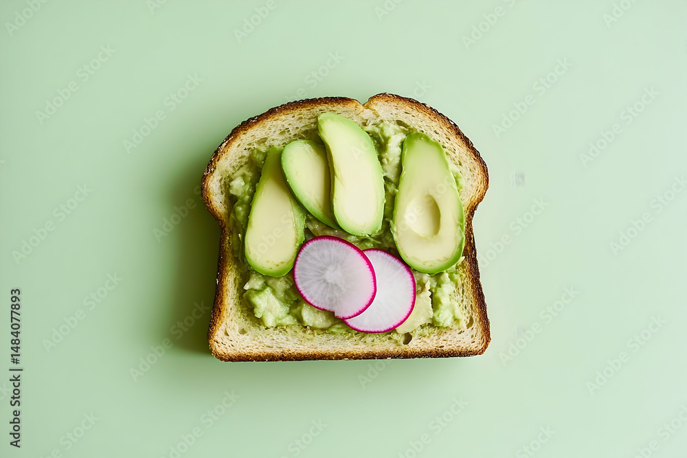 Poster sliced avocado on toast with radish slices.