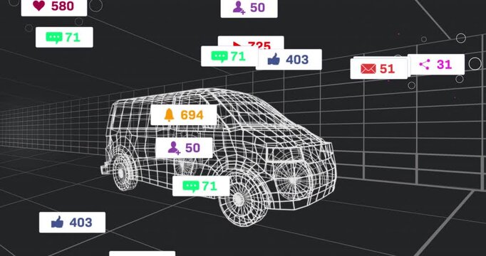 White wireframe van model floating in 3D grid space, displaying social media metrics icons