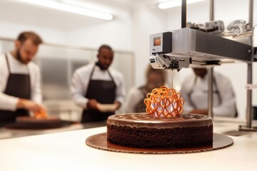 3D Printed Chocolate Cake in Food Tech Lab with four food scientiests. Concepts of 3D food prining, 3D printed desserts, laboratory workers, 3D Printer, future tech