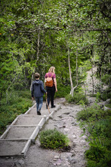 A mother and her young son hike through the lush trails of Fulufjället National Park in Sweden, enjoying a summer holiday amidst nature as the boy uses his walking stick for support.
