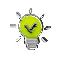 3D Light Bulb Icon with Check Mark – Creative Solution and Approved Idea PNG