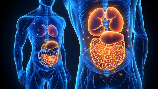 Detailed anatomical illustration of the human digestive system.