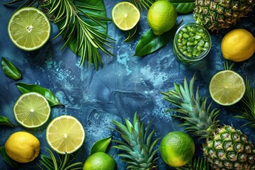 Vibrant summer theme featuring tropical fruits and green leaves on a blue background with space