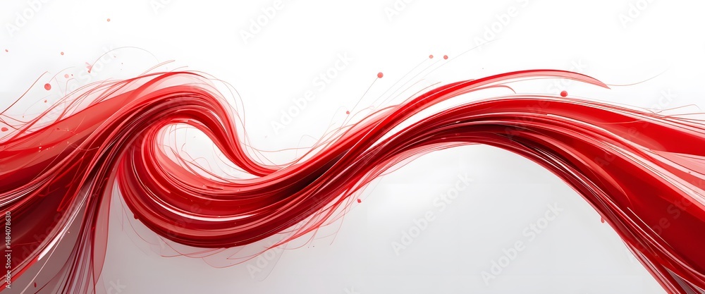 Poster red swirls, white backdrop. energetic red lines create a feeling of movement. abstract swirls sugges