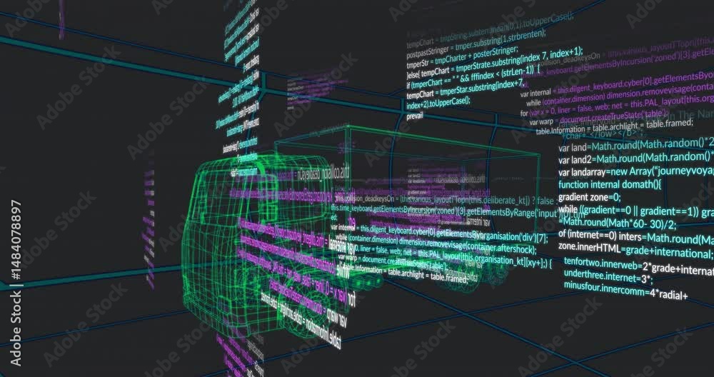 Poster green wireframe van model being visualized inside dark gray grid space, with floating code snippets