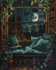 A cozy reading nook invites relaxation, surrounded by plush pillows, lush plants, and a bookshelf filled with literature, illuminated by the soft glow of a full moon.