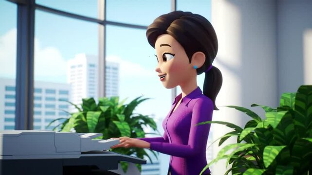 Animated woman uses an office printer